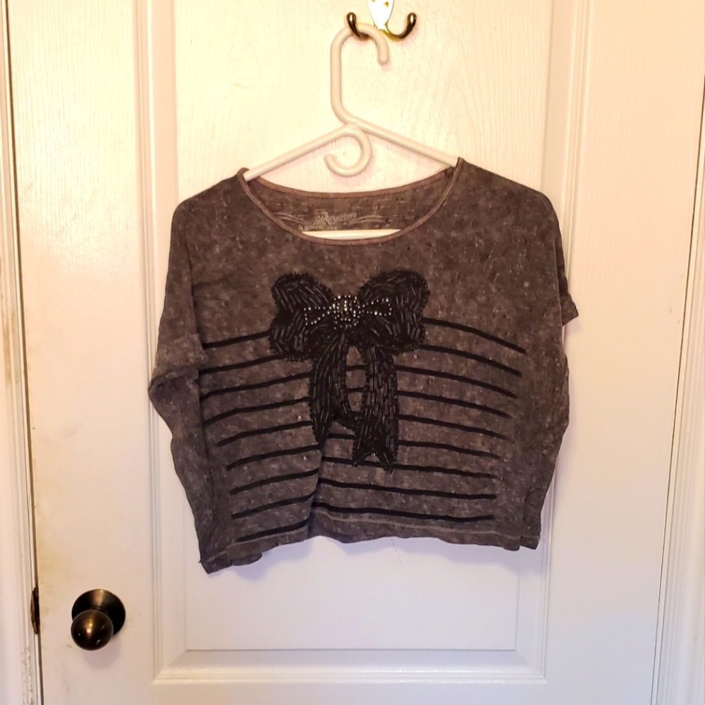 Awake Couture Grey Cropped Tee with Bedazzled Bow Graphic
